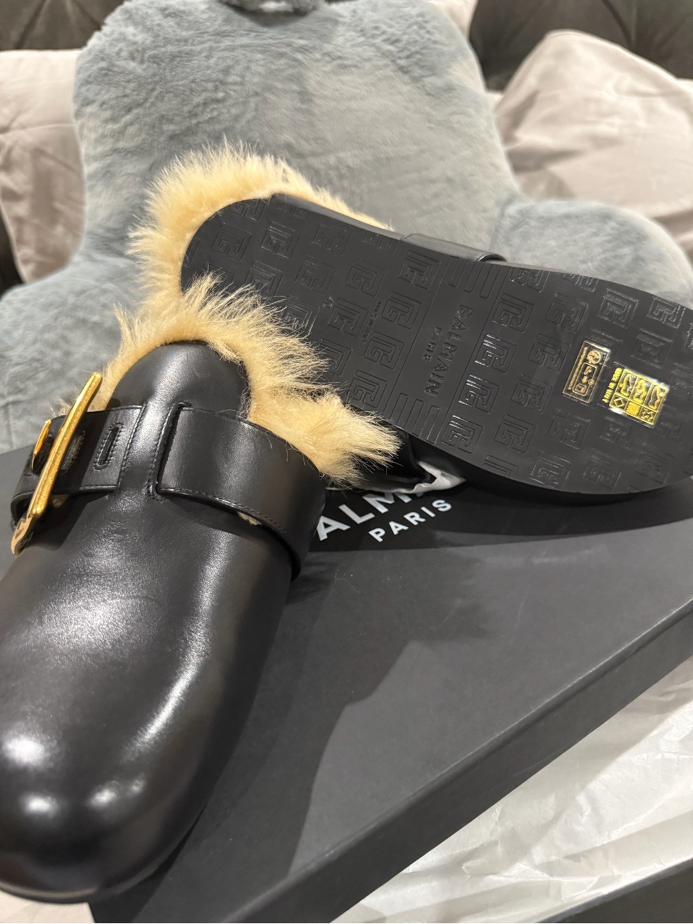 Balmain Black Leather Mules with Yellow Fur and Gold Buckle - Picture 6 of 7